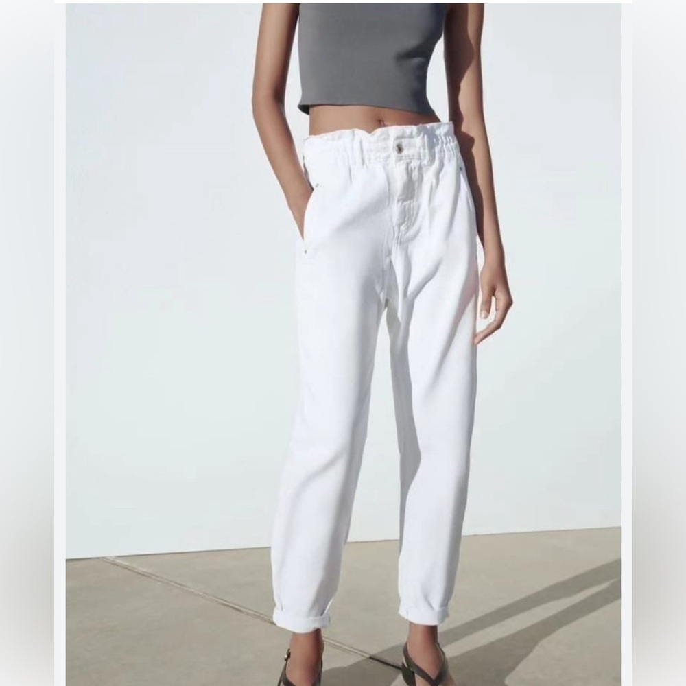 ZARA Sz 4 Paperbag Waist Baggy Leg Denim No Fabric Tag High Rise Jeans Pants